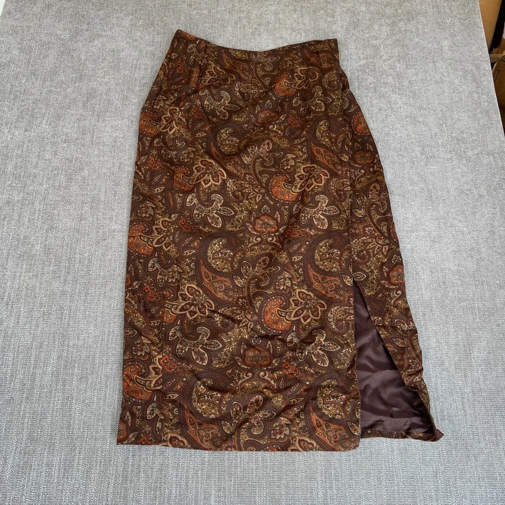Anne Klein A-Line Skirt Women 14 Brown Floral Paisley Wool Blend Lined Side Slit